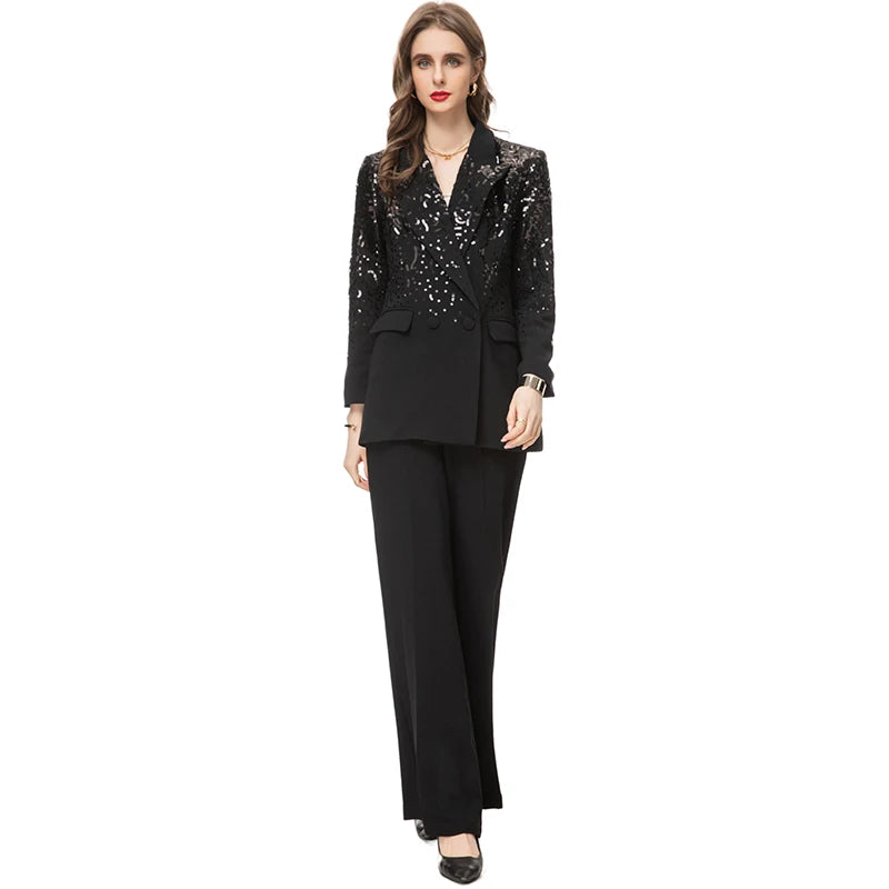 Delola Office Lady Suit Collar Long-Sleeved Sequin Suit Jacket+Wide Leg Pants 2-Piece Set Blue / S Delola Office Lady Suit Collar Long-Sleeved Sequin Suit Jacket+Wide Leg Pants 2-Piece Set Blue / S