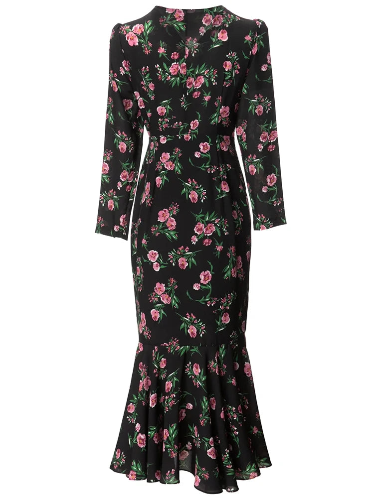 Zia V-Neck Long Sleeve Ruffles Floral Print Elegant Party Dress