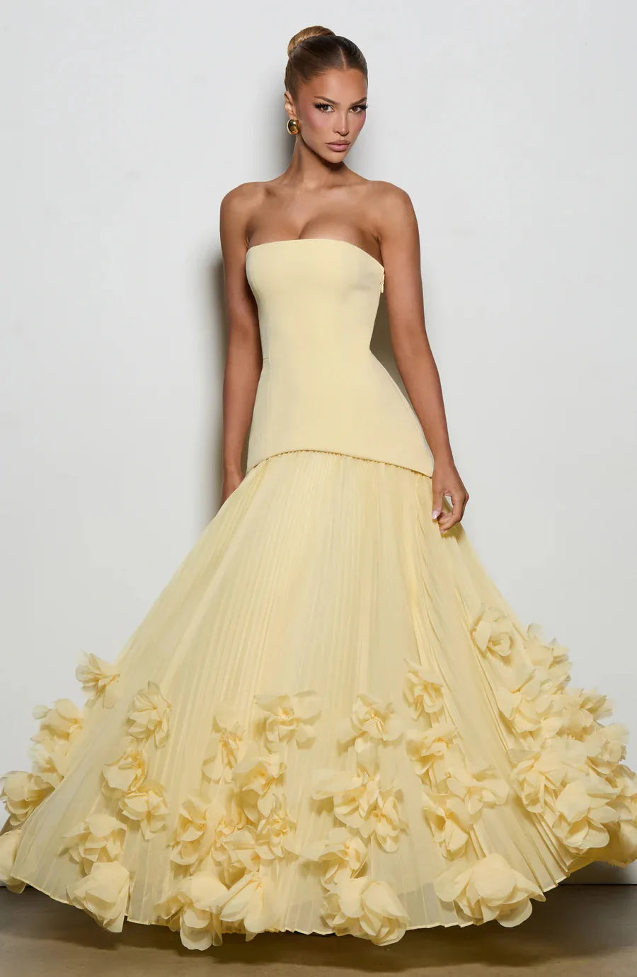 Josefa Banquet Strapless Maxi Dress 3D Floral Pleated Train Hem Luxury Gown