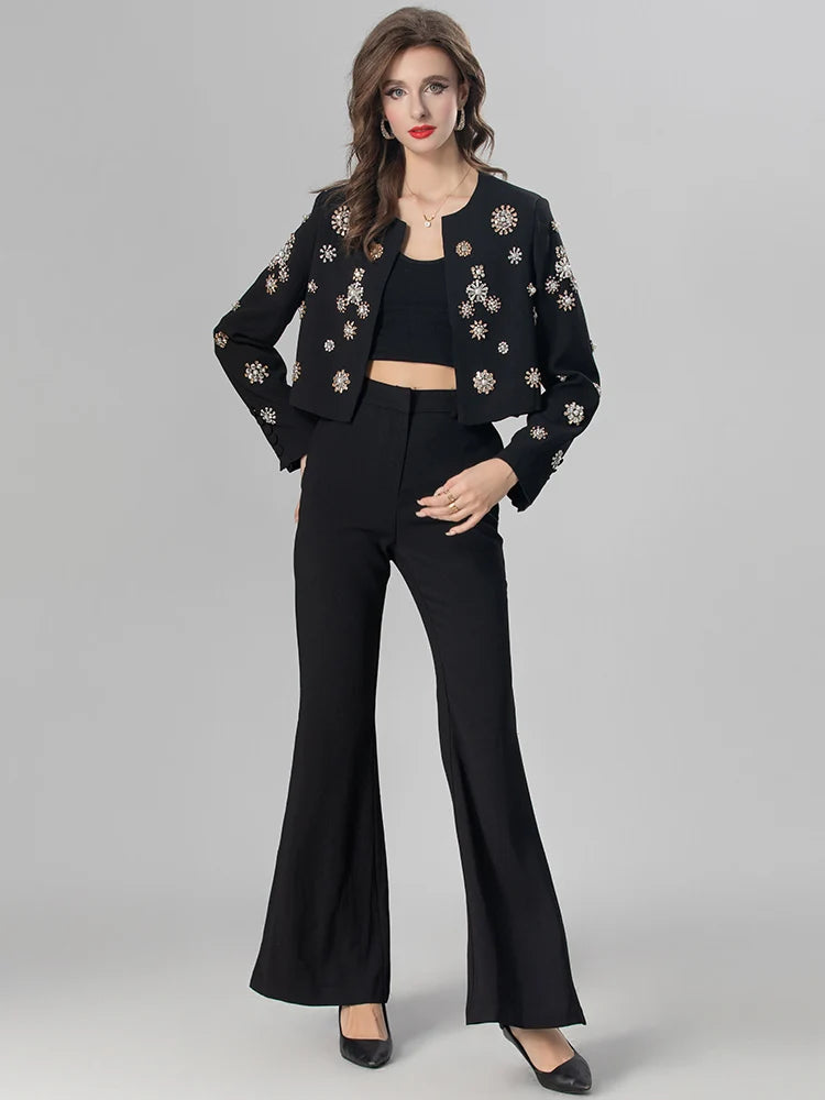 Kirsten Crystals Diamonds Coat + Slit Flare Pants High Street Two Piece Set