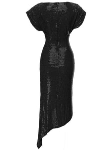 Olive Asymmetrical O-Neck Short Sleeve Sequins Dress