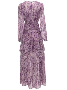 Melissa O-Neck Lantern Sleeve Folds Ruffle Floral Print Elegant Party Long Dress