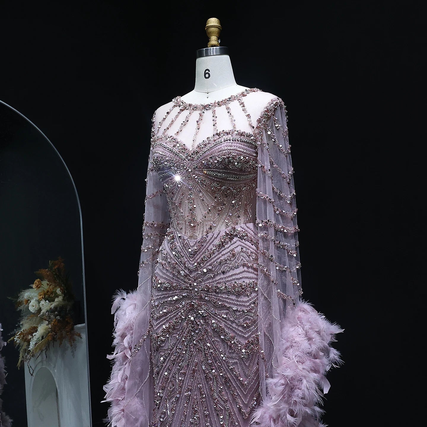 Joyanne Beaded Mermaid Evening Dress with Feather Cape Sleeves