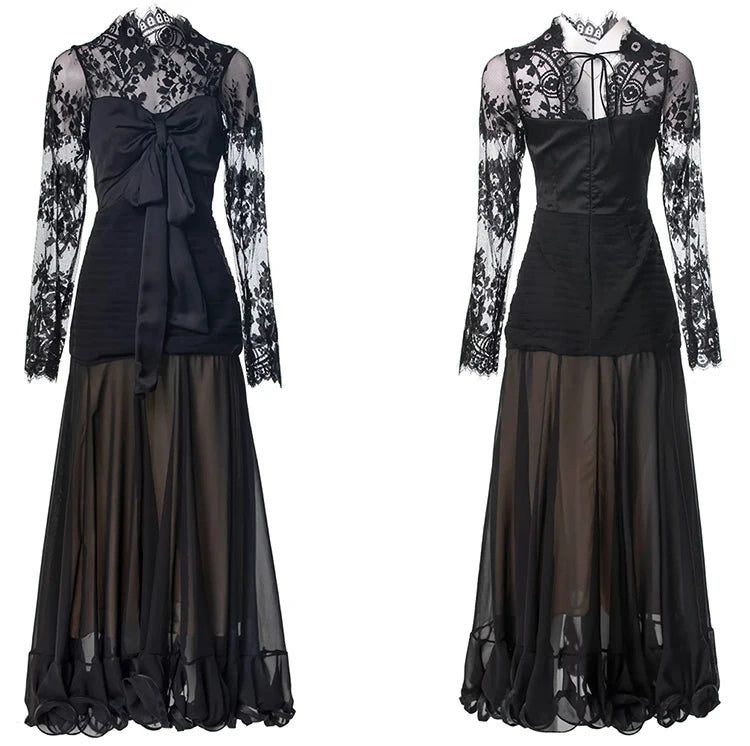 Vera Black Lace Patchwork Bow Vintage Dress