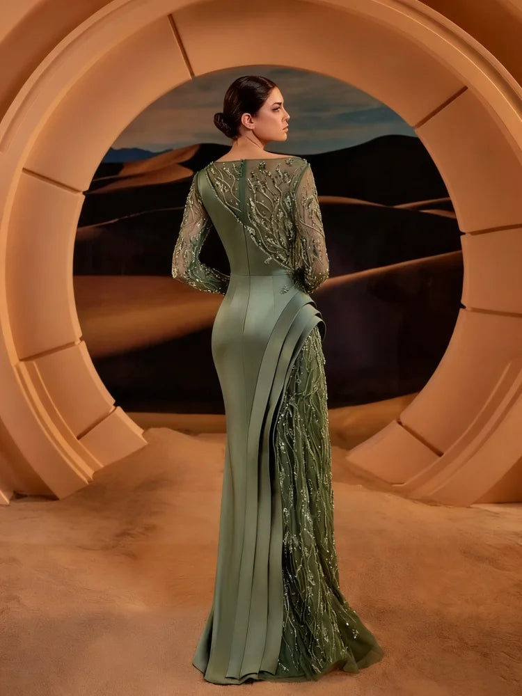 Heaven Olive Green Evening Dress Long Sleeve Sparkling Mermaid Ball Gown