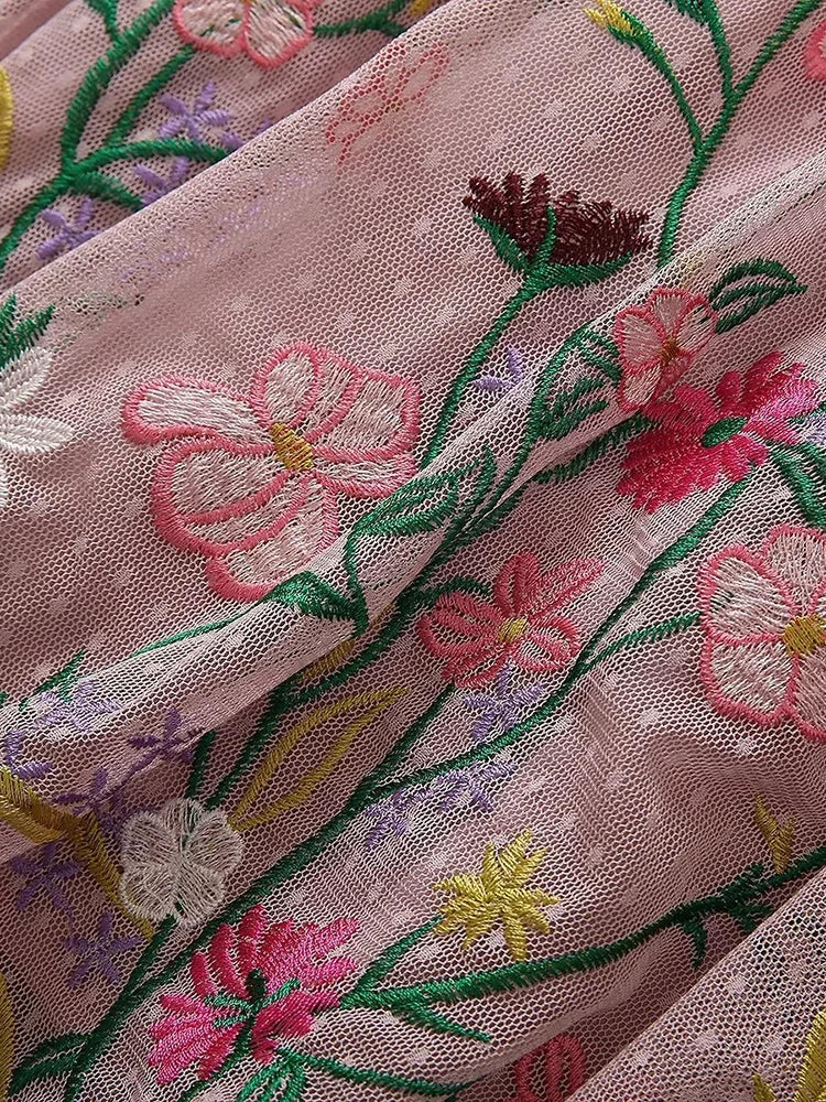 Sylvie Pink Mesh Flowers Embroidery Vintage Party Long Dress