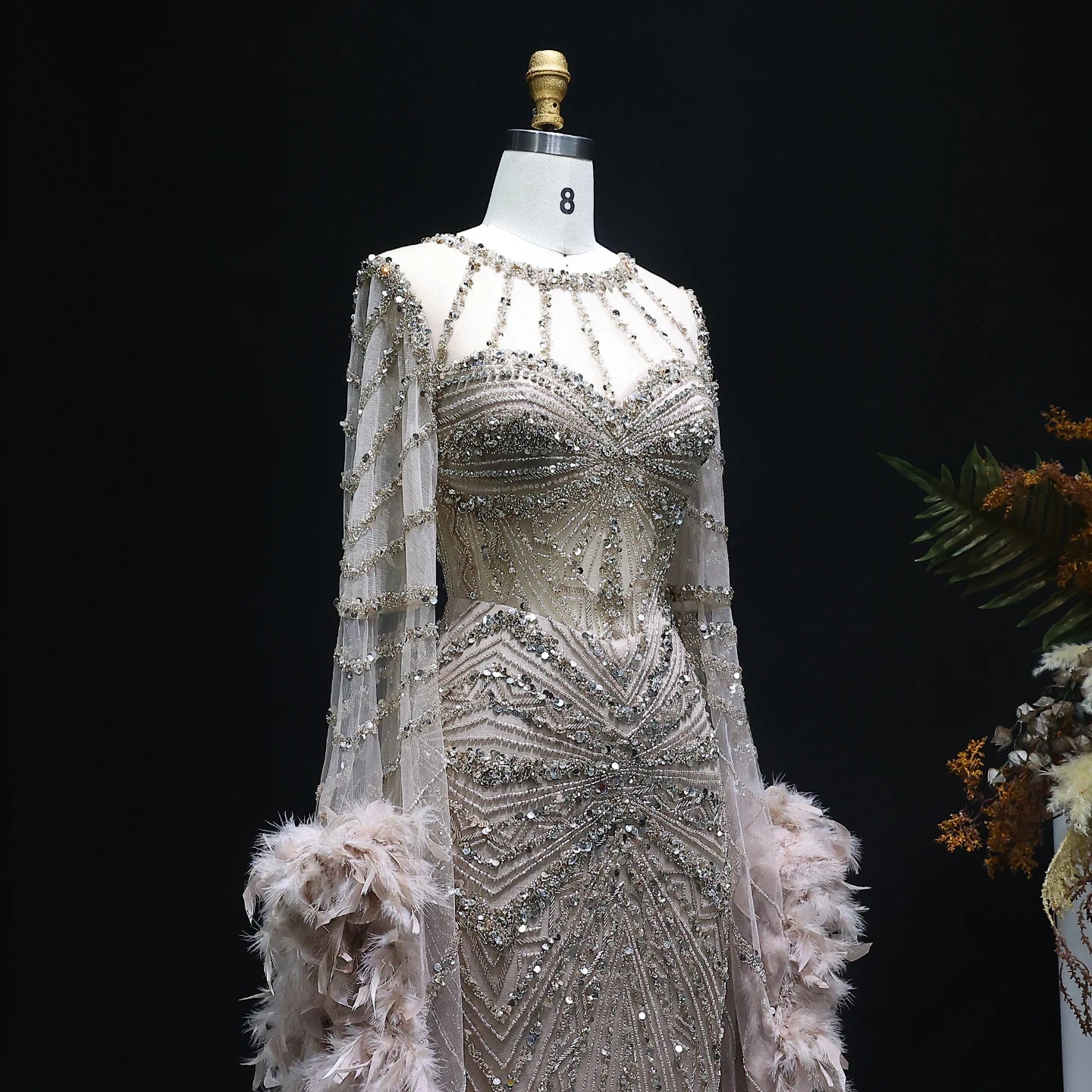 Joyanne Beaded Mermaid Evening Dress with Feather Cape Sleeves