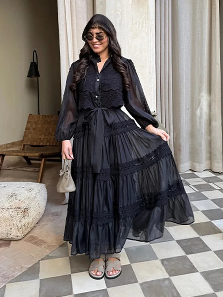 Elizabeth Hollow Out Long Lantern Sleeves Lace Up Pearl Single Breasted Dress