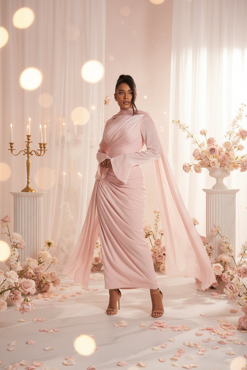 Elliebelle Pearls Evening Dress O Neck Full Sleeves Formal Occasion Pleat Prom Gown