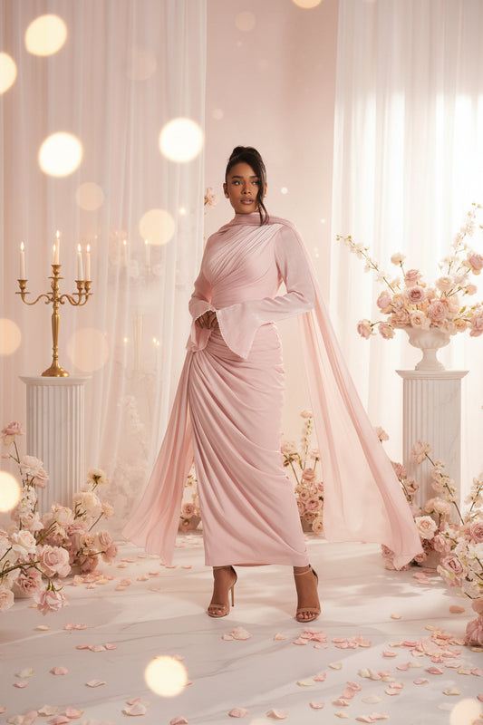 Elliebelle Pearls Evening Dress O Neck Full Sleeves Formal Occasion Pleat Prom Gown