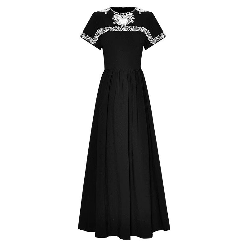 Regina Contrasting Colors Embroidery High Waist Slim Vintage Party Long Dress