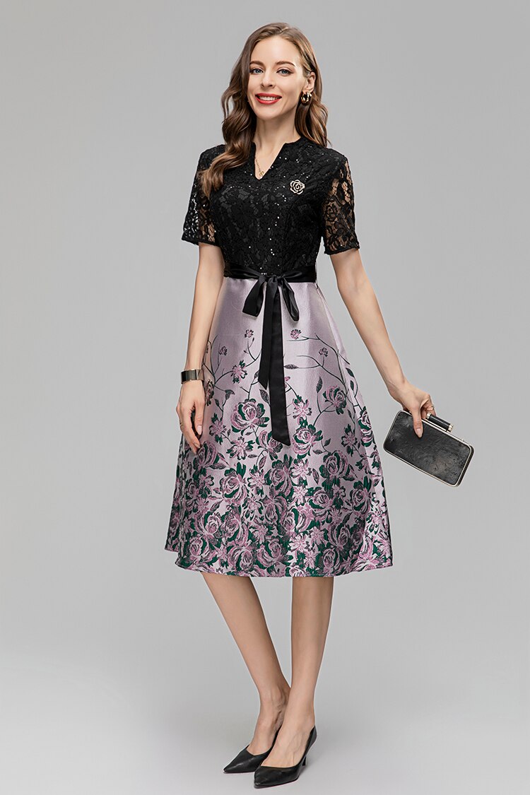 Ava V-Neck Brooch Sequins Lace Embroidery Frenulum Jacquard Midi Dress