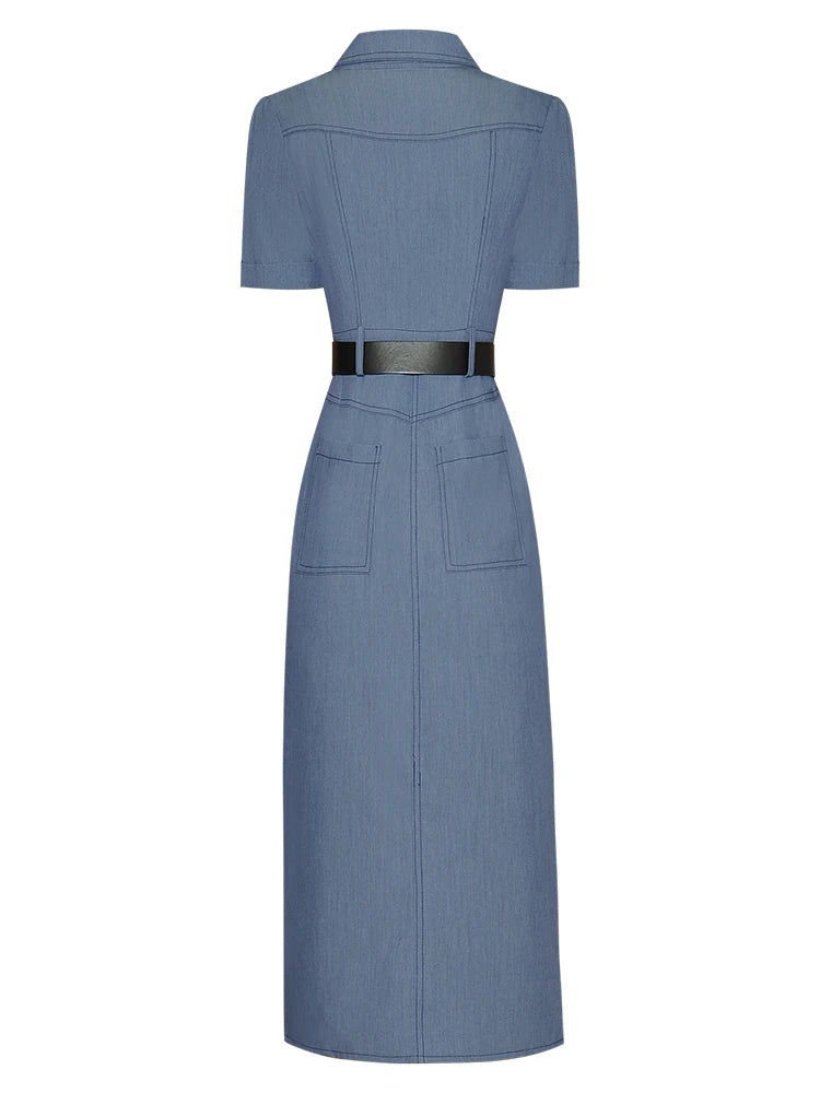 Laura Light Blue Turn-down Collar Pocket Belt Slim Buttock Covering Pencil Dress