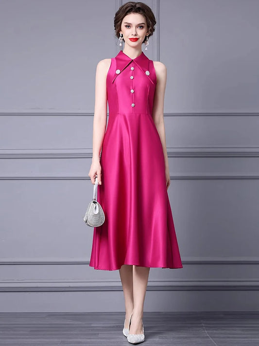 Vanessa Turn-Down Collar Sleeveless Beading Solid Color Commuter Dress