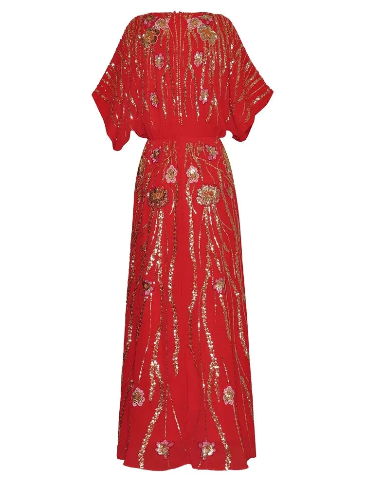 Antonella V-Neck Batwing Sleeve Sequins Embroidery Beading Vintage Evening Dress