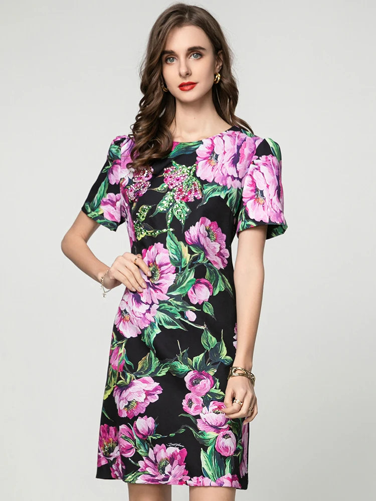 Everett Crystal Diamonds Floral Print Mini Dress