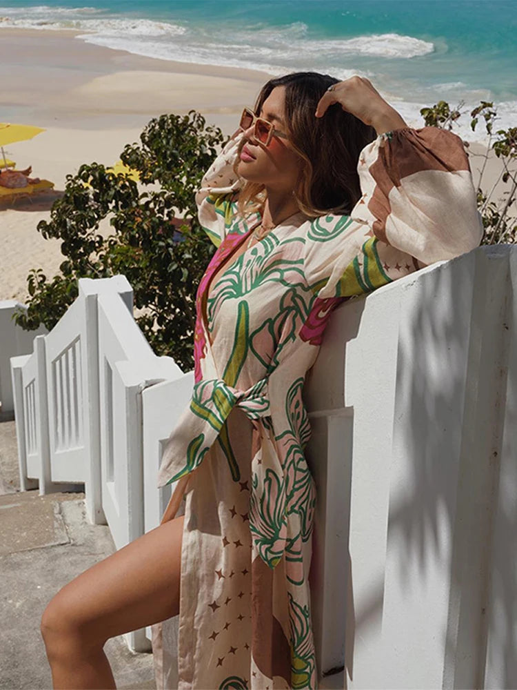Carina Lace Up Printed Long Sleeve Vacation Long Dress