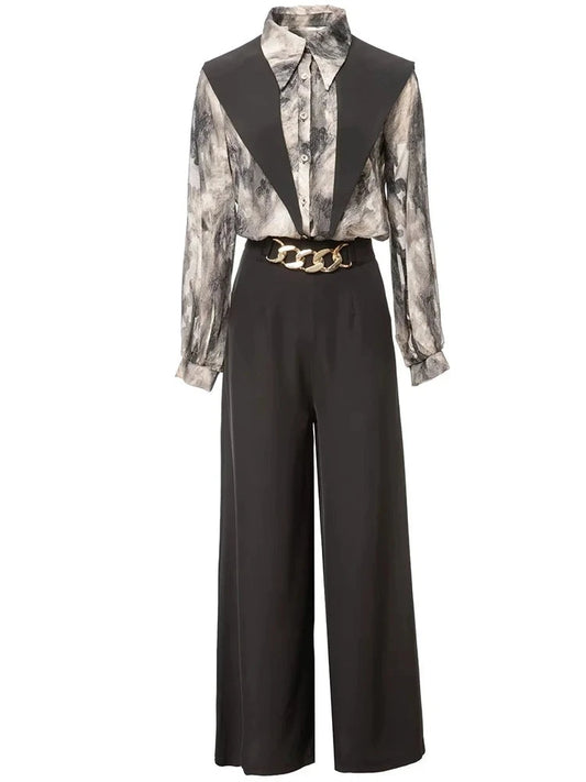 Ruby  Sleeve Single Breasted Print Shirt + Wide leg Pants Office Lady Two-Piece Set