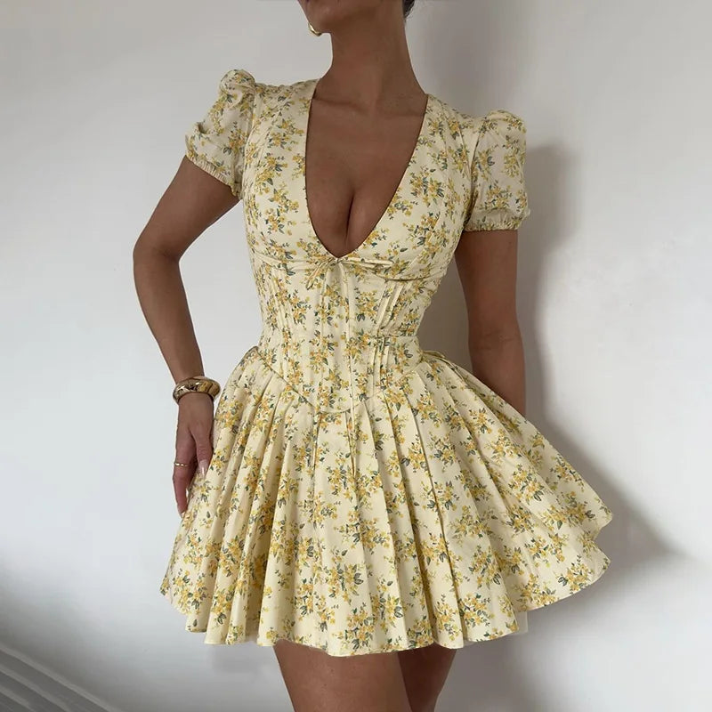 Yanie Summer Yellow Floral Print Short Dresses