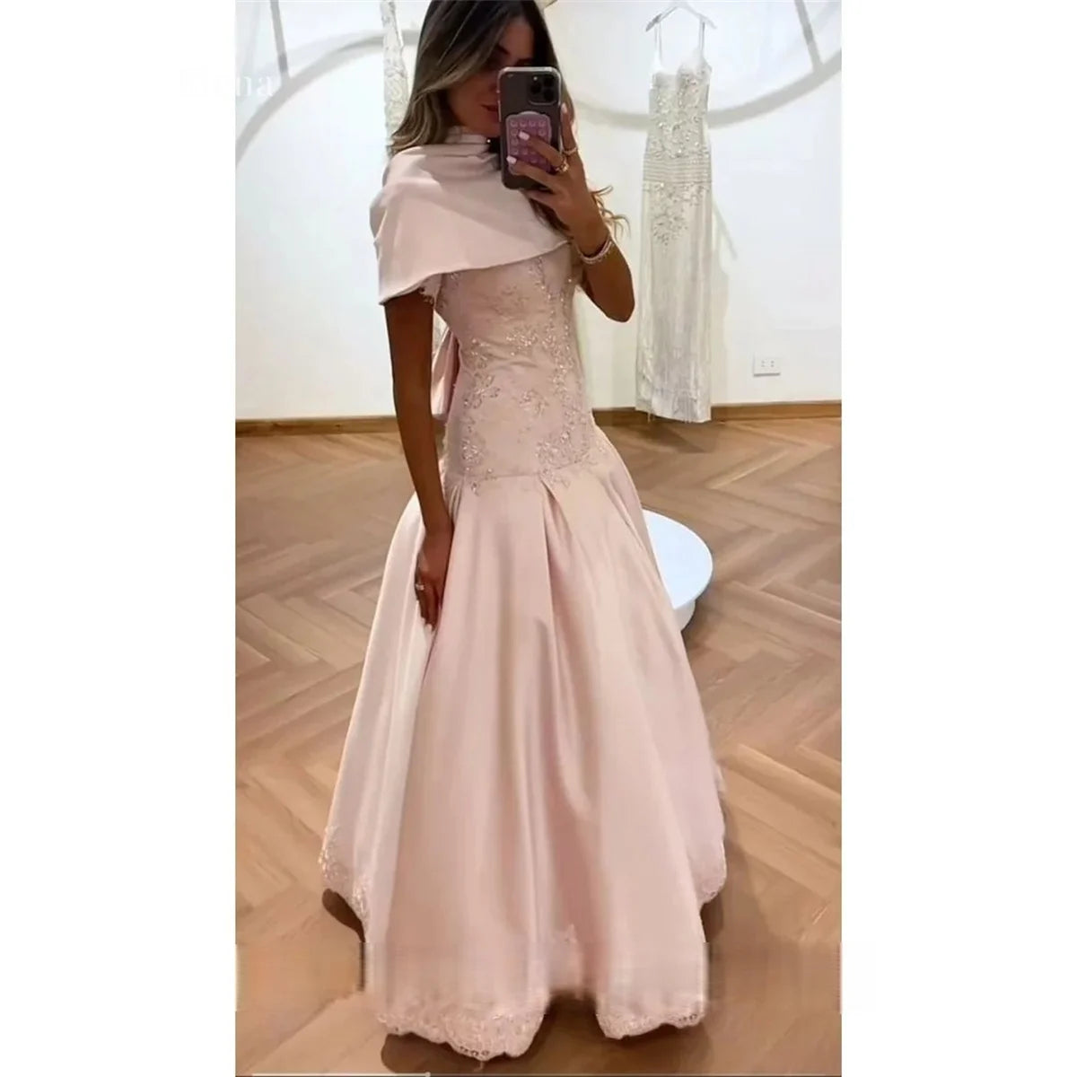 Elena Satin High Pink Ball Gown Elegant Evening Gown Blush Detachable Capelet Dress