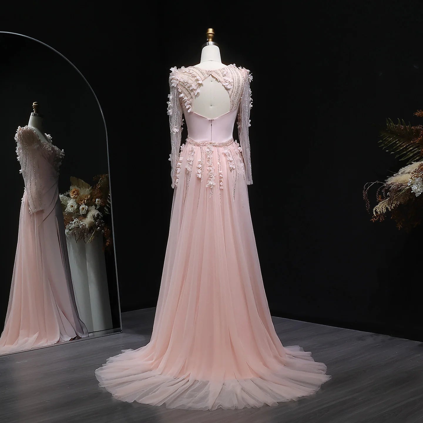 Prescila Pink Long Sleeves Mermaid With Slit 3D Flowers Evening Dress