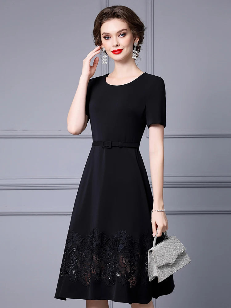 Jayda O-Neck Short sleeves Sashes Hollow Out Embroidery High Street Dress