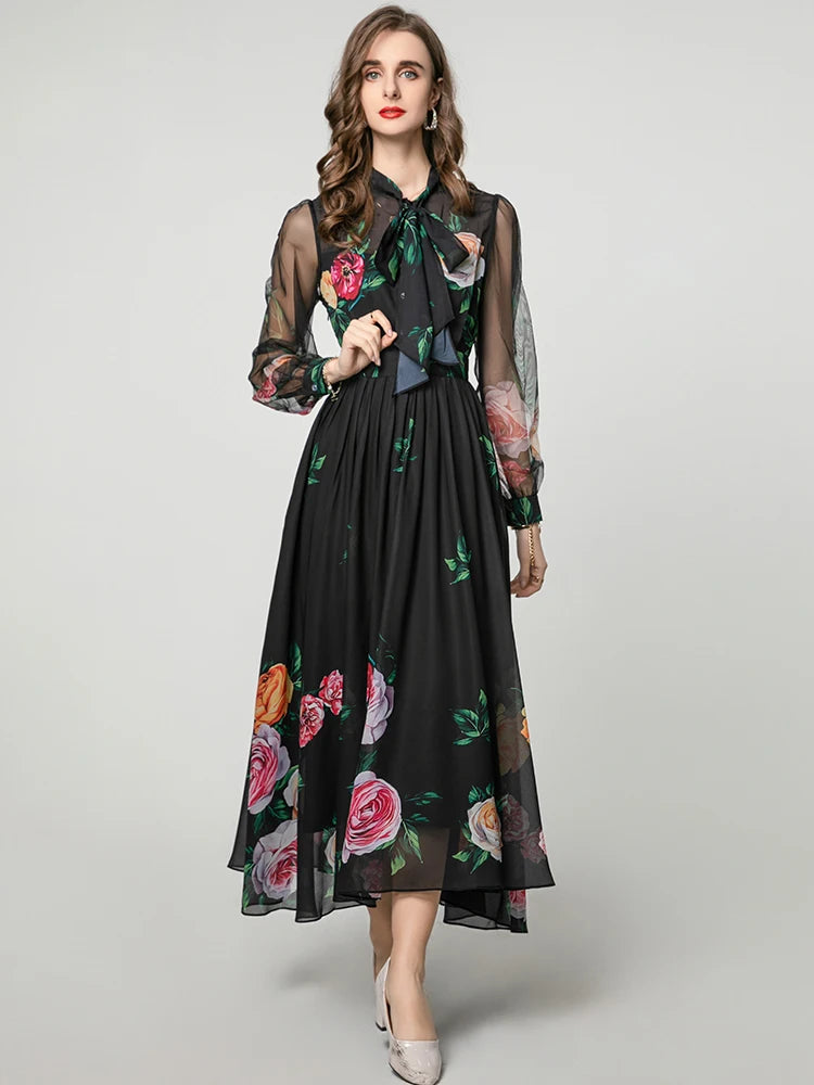 Noah Lace-up Collar Lantern Sleeve Floral Print Elegant party Dress