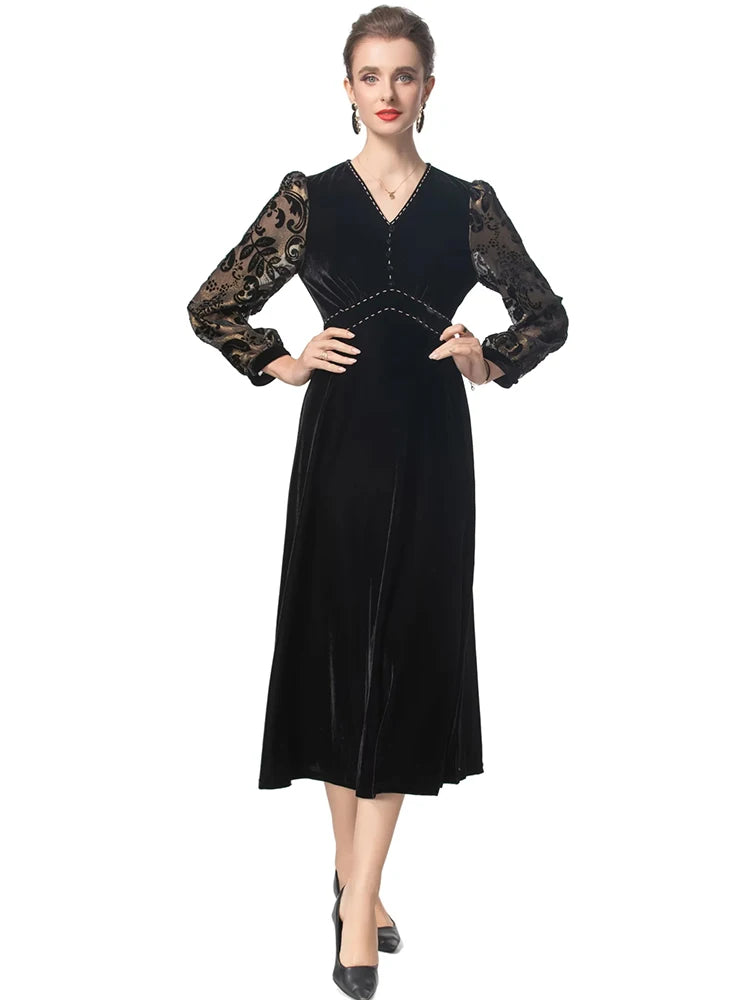 Blaire  V-Neck Jacquard Lantern Sleeve Black Dress