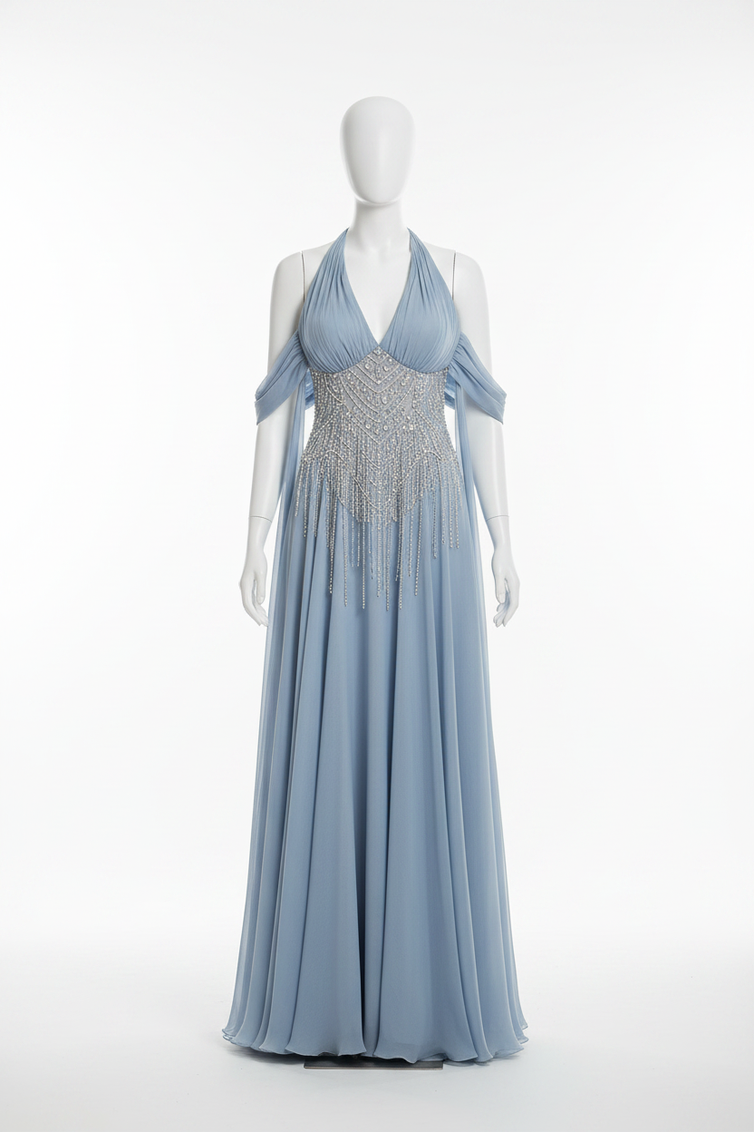 Orchid Blue Chiffon Evening Dress Halter A Line Formal Occasion Dress