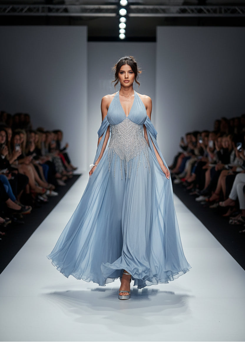 Orchid Blue Chiffon Evening Dress Halter A Line Formal Occasion Dress