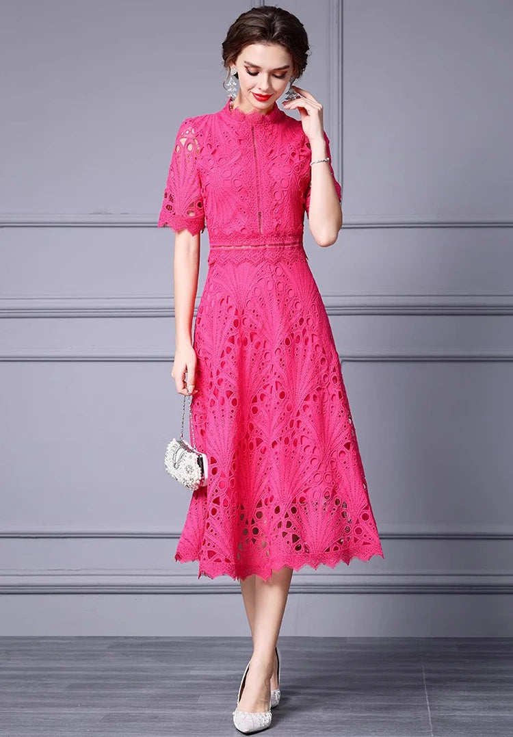 Trisha Sleeve Lace Hollow Out High Waist Solid Color Dress