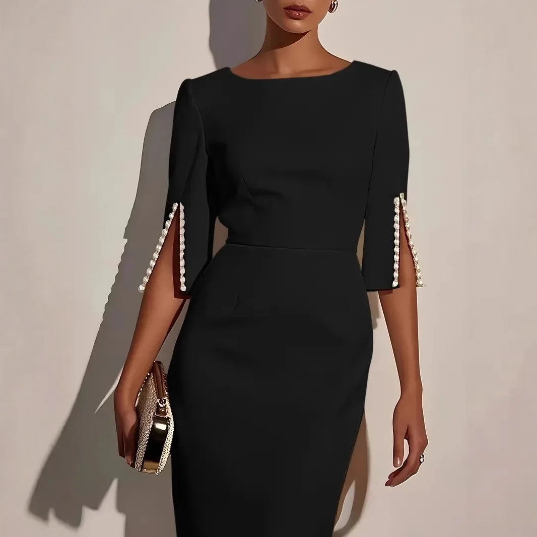 Carina Office Solid Color Commuter Bead Slim and Elegant Evening Party Dress