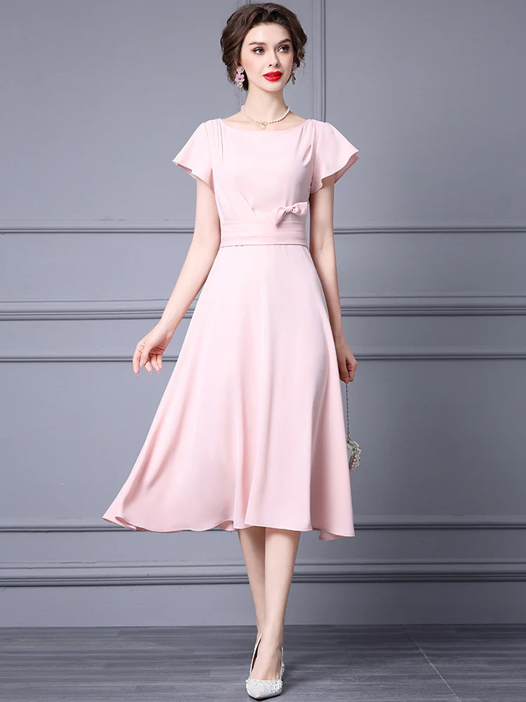 Delfinar O-Neck Short Sleeve Bow Draped Solid Color Office Lady Dress