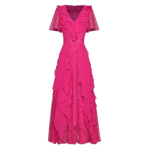Cypress V-Neck Butterfly Sleeve Ruffle Lace Patchwork Elegant Party Dress