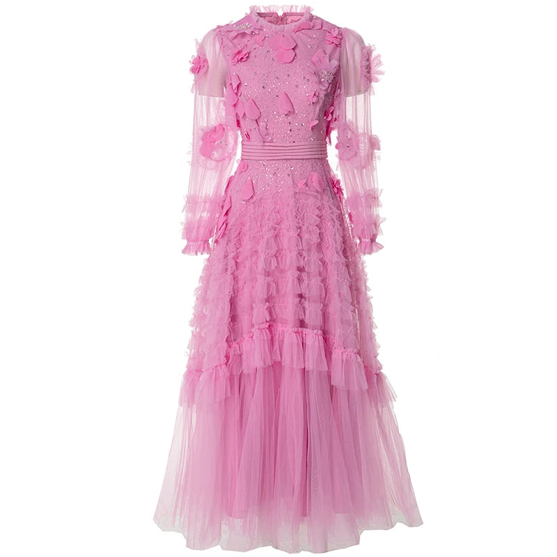 Laurie  Lantern Sleeve Ruffles Elegant Party Mesh Dress