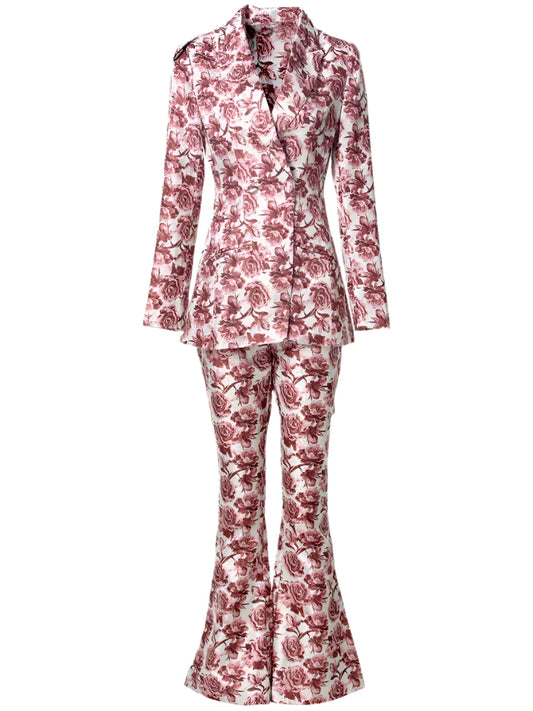 Luna Notched Long Sleeve Coat + Flare Pants Rose Print Office Lady 2 piece Set