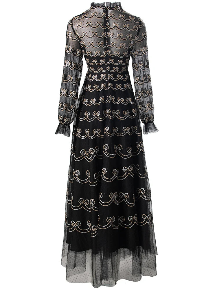 Tilda Long Dress Women's O-Neck Lantern Sleeve Sequins Embroidery Vintage Dress