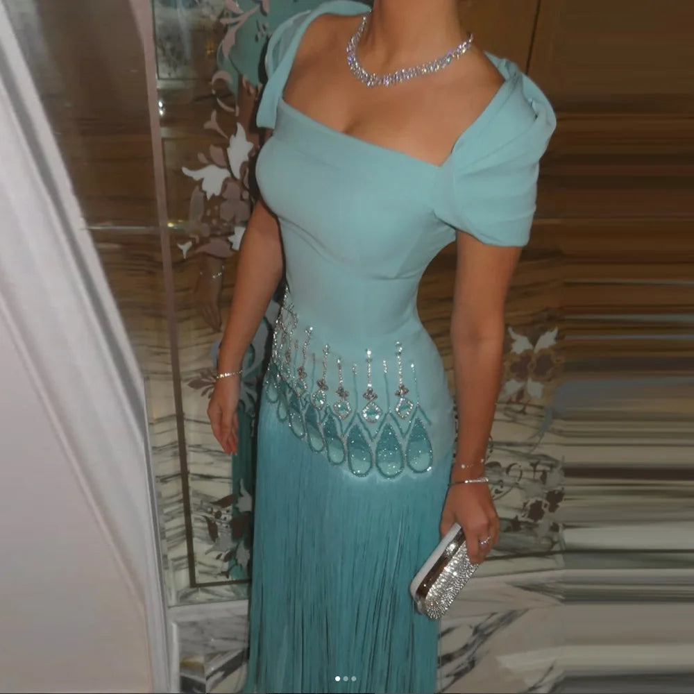 Katarina Prom Dress  Square Neck Short Sleeves Crystal Turquoise Evening Gown