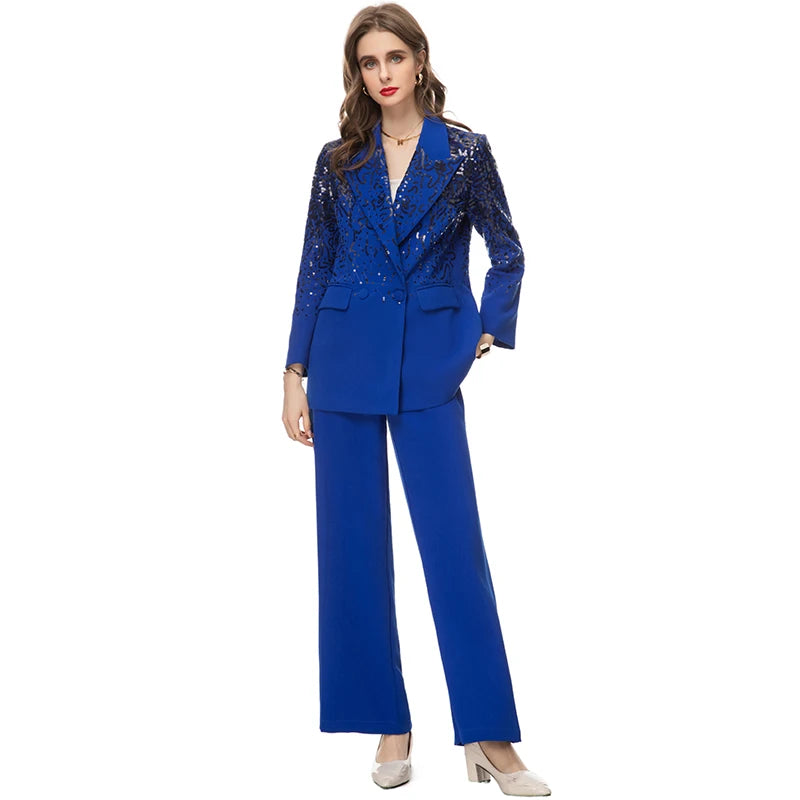 Delola Office Lady Suit Collar Long-Sleeved Sequin Suit Jacket+Wide Leg Pants 2-Piece Set