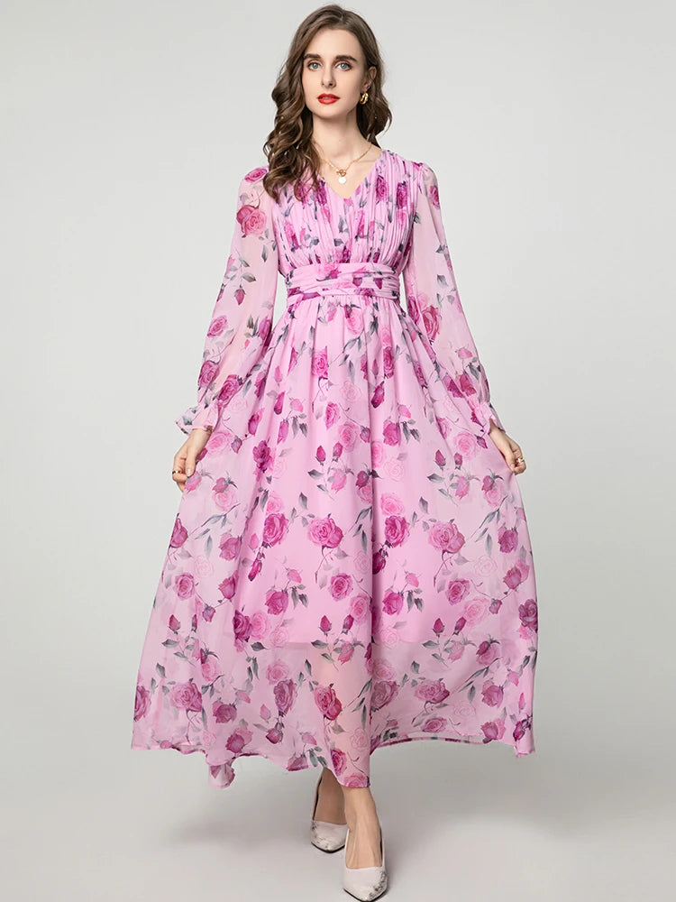 Eliana Vintage Rose Print V-Neck Dress