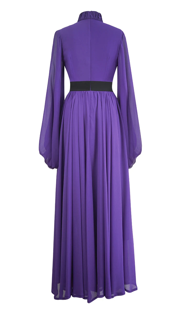 Asher Purple  Elastic Waist Slim Pleated Long Dress