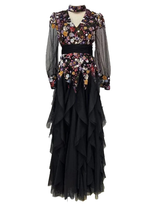 Regina Elegant Colorful Embroidery Maxi Dress