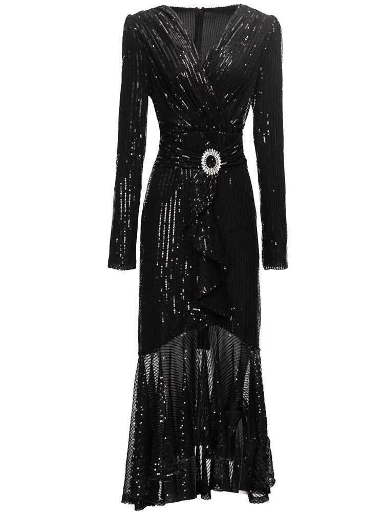 Amanda Sequins Mermaid -Neck Long Sleeve Diamond Ruffle Vintage Dress