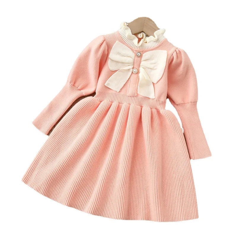 Knitted Jumpsuit Bow Fashion Long Dress for Kids Girls