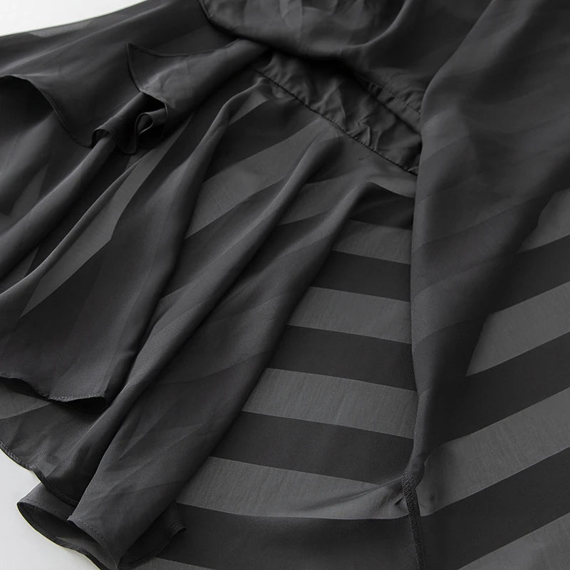 Kenia V-Neck Pleated Lantern Long-Sleeved Lace-Up Striped Top+Irregular Half Maxi Skirt 2-Piece Set