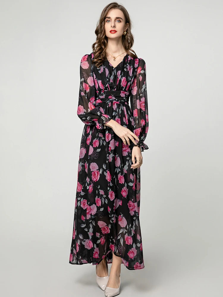 Eliana Vintage Rose Print V-Neck Dress