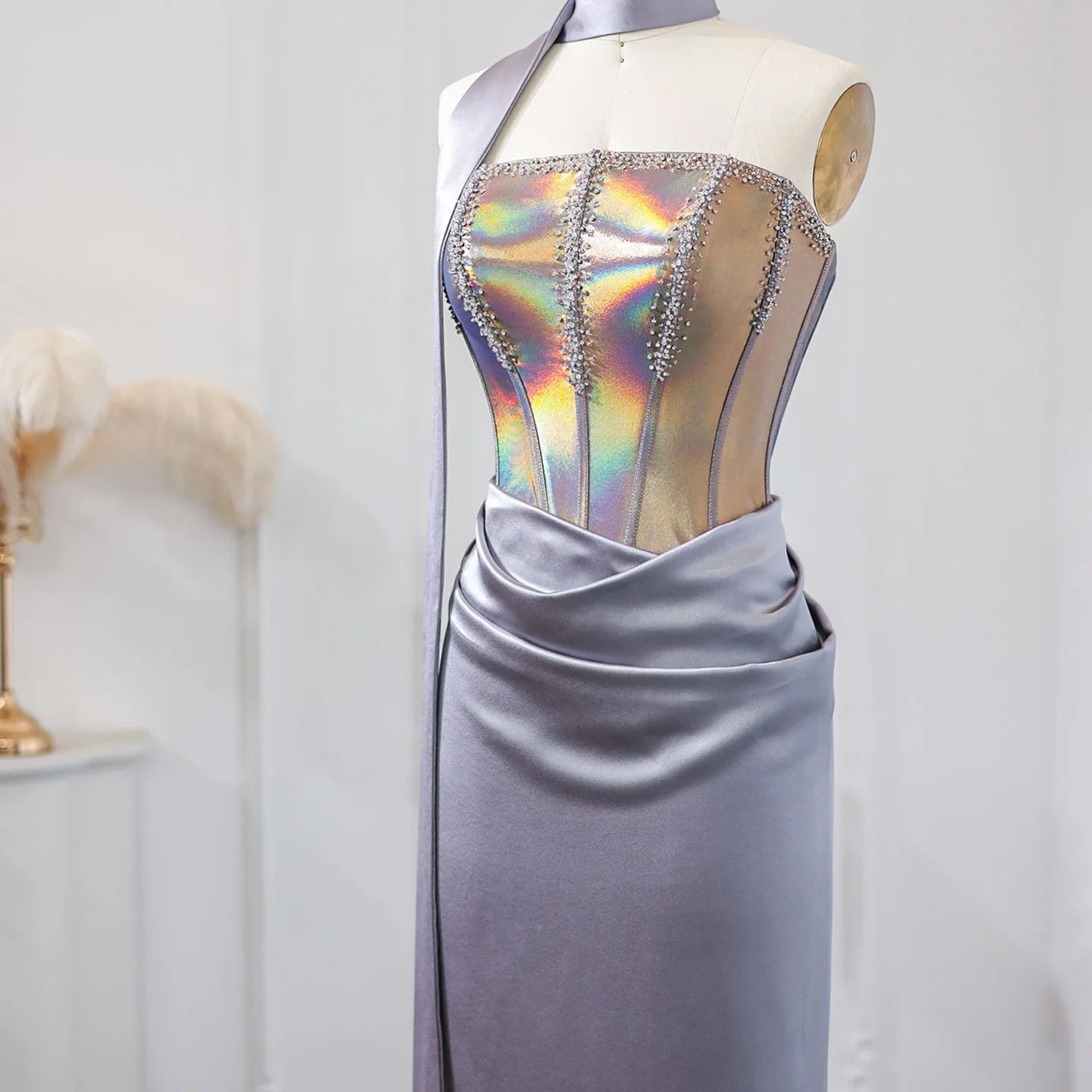 Strapless Gray Satin Evening Dress with Scarf