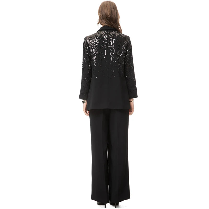 Delola Office Lady Suit Collar Long-Sleeved Sequin Suit Jacket+Wide Leg Pants 2-Piece Set