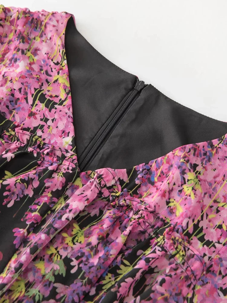Ari V-Neck Flare Sleeve Flower Print  Elegant Party Long Dress