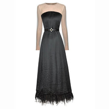 Load image into Gallery viewer, Vera O-Neck Mesh Long Sleeves Belt Feather Midi Pleated Dress